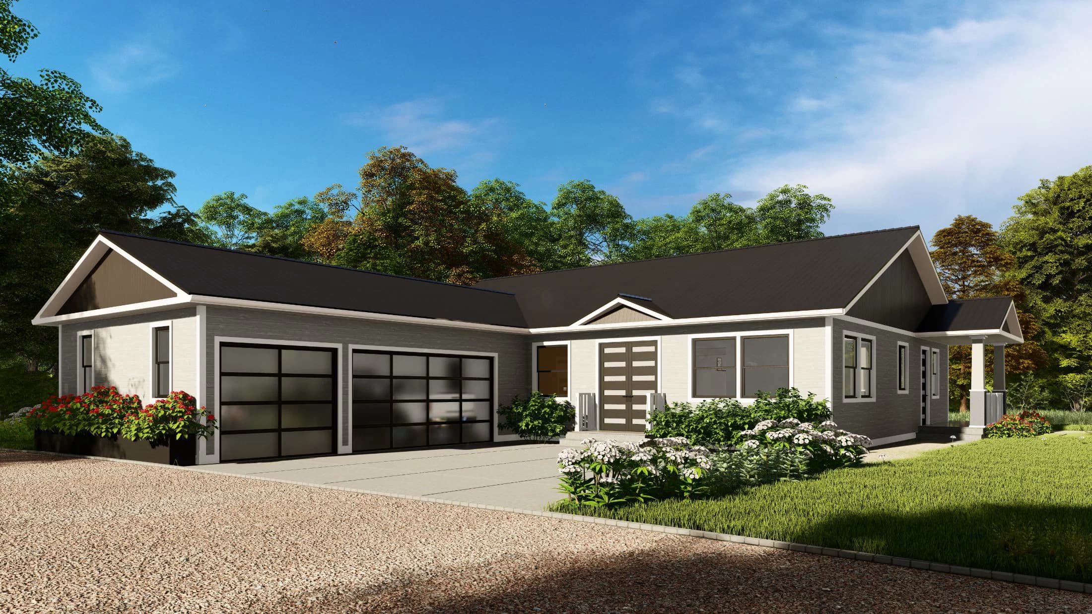 Model 28 hero, elevation, and exterior home features